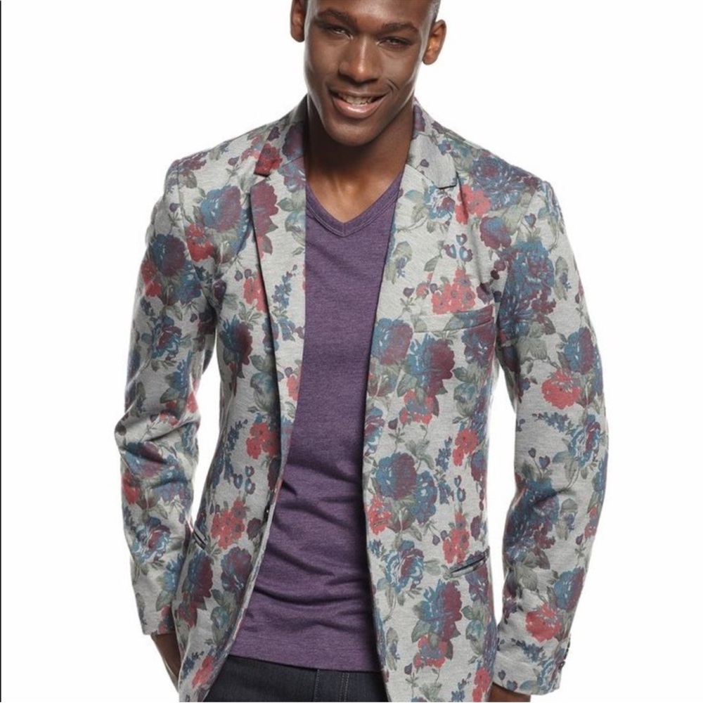 Edge By WD•NY Men's Grey and Red Floral Print Single Button Blazer Size M NWOT